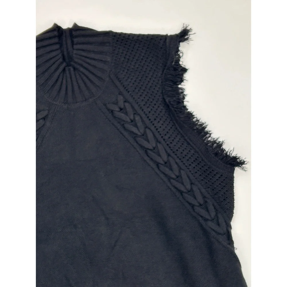 Black Mock Neck Cable Knit Sweater Vest Fringed Sleeveless Top Acrylic Cottage - Picture 4 of 7